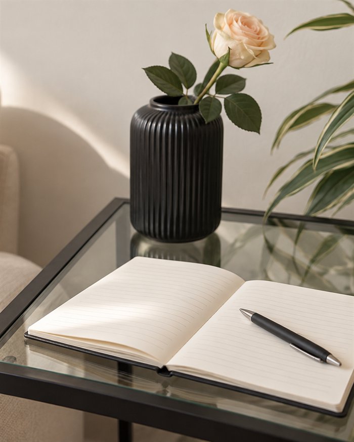 Aufgeschlagenes Notizbuch mit Stift neben einer Vase mit Rose